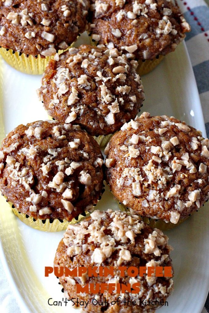 Pumpkin Toffee Muffins | Can't Stay Out of the Kitchen | these spectacular #pumpkin #muffins are rich, decadent & heavenly! They include #cinnamon, cloves & mutmeg for spice & #HeathEnglishToffeeBits for amped up flavor and texture. Absolutely amazing! #breakfast #HolidayBreakfast #ChristmasBreakfast #ThanksgivingBreakfast #fall #FallBaking #NewYearsBreakfast #toffee #PumpkinMuffins