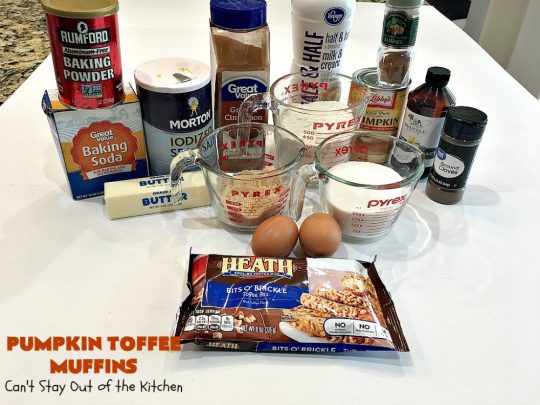 Pumpkin Toffee Muffins | Can't Stay Out of the Kitchen | these spectacular #pumpkin #muffins are rich, decadent & heavenly! They include #cinnamon, cloves & mutmeg for spice & #HeathEnglishToffeeBits for amped up flavor and texture. Absolutely amazing! #breakfast #HolidayBreakfast #ChristmasBreakfast #ThanksgivingBreakfast #fall #FallBaking #NewYearsBreakfast #toffee #PumpkinMuffins