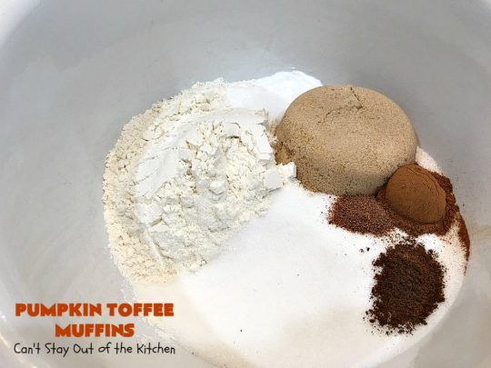 Pumpkin Toffee Muffins | Can't Stay Out of the Kitchen | these spectacular #pumpkin #muffins are rich, decadent & heavenly! They include #cinnamon, cloves & mutmeg for spice & #HeathEnglishToffeeBits for amped up flavor and texture. Absolutely amazing! #breakfast #HolidayBreakfast #ChristmasBreakfast #ThanksgivingBreakfast #fall #FallBaking #NewYearsBreakfast #toffee #PumpkinMuffins