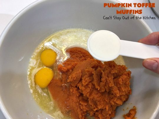 Pumpkin Toffee Muffins | Can't Stay Out of the Kitchen | these spectacular #pumpkin #muffins are rich, decadent & heavenly! They include #cinnamon, cloves & mutmeg for spice & #HeathEnglishToffeeBits for amped up flavor and texture. Absolutely amazing! #breakfast #HolidayBreakfast #ChristmasBreakfast #ThanksgivingBreakfast #fall #FallBaking #NewYearsBreakfast #toffee #PumpkinMuffins