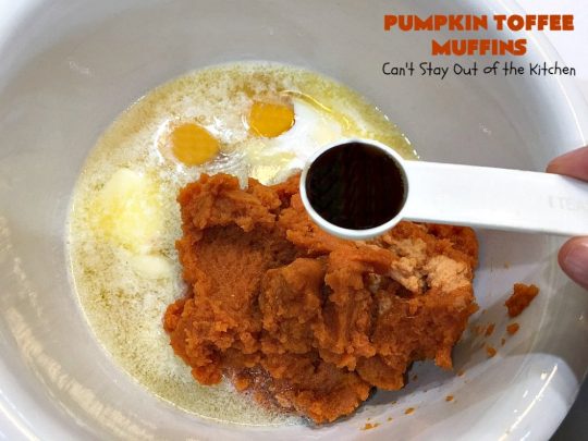 Pumpkin Toffee Muffins | Can't Stay Out of the Kitchen | these spectacular #pumpkin #muffins are rich, decadent & heavenly! They include #cinnamon, cloves & mutmeg for spice & #HeathEnglishToffeeBits for amped up flavor and texture. Absolutely amazing! #breakfast #HolidayBreakfast #ChristmasBreakfast #ThanksgivingBreakfast #fall #FallBaking #NewYearsBreakfast #toffee #PumpkinMuffins