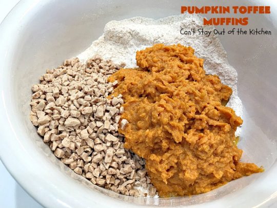 Pumpkin Toffee Muffins | Can't Stay Out of the Kitchen | these spectacular #pumpkin #muffins are rich, decadent & heavenly! They include #cinnamon, cloves & mutmeg for spice & #HeathEnglishToffeeBits for amped up flavor and texture. Absolutely amazing! #breakfast #HolidayBreakfast #ChristmasBreakfast #ThanksgivingBreakfast #fall #FallBaking #NewYearsBreakfast #toffee #PumpkinMuffins