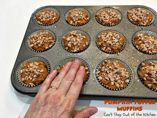 Pumpkin Toffee Muffins | Can't Stay Out of the Kitchen | these spectacular #pumpkin #muffins are rich, decadent & heavenly! They include #cinnamon, cloves & mutmeg for spice & #HeathEnglishToffeeBits for amped up flavor and texture. Absolutely amazing! #breakfast #HolidayBreakfast #ChristmasBreakfast #ThanksgivingBreakfast #fall #FallBaking #NewYearsBreakfast #toffee #PumpkinMuffins