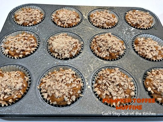 Pumpkin Toffee Muffins | Can't Stay Out of the Kitchen | these spectacular #pumpkin #muffins are rich, decadent & heavenly! They include #cinnamon, cloves & mutmeg for spice & #HeathEnglishToffeeBits for amped up flavor and texture. Absolutely amazing! #breakfast #HolidayBreakfast #ChristmasBreakfast #ThanksgivingBreakfast #fall #FallBaking #NewYearsBreakfast #toffee #PumpkinMuffins