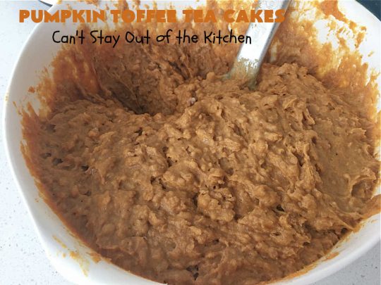 Pumpkin Toffee Tea Cakes | Can't Stay Out of the Kitchen | these spectacular #TeaCakes will wow all your family & friends. They're flavored with #pumpkin & spices & include #HeathEnglishToffeeBits. Then they're iced with #CinnamonToastCrunch icing! Amazing #holiday or #Christmas #dessert #cake #HolidayDessert #PumpkinDessert #PumpkinToffeeTeaCakes