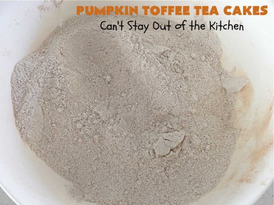 Pumpkin Toffee Tea Cakes | Can't Stay Out of the Kitchen | these spectacular #TeaCakes will wow all your family & friends. They're flavored with #pumpkin & spices & include #HeathEnglishToffeeBits. Then they're iced with #CinnamonToastCrunch icing! Amazing #holiday or #Christmas #dessert #cake #HolidayDessert #PumpkinDessert #PumpkinToffeeTeaCakes