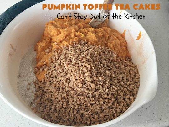 Pumpkin Toffee Tea Cakes | Can't Stay Out of the Kitchen | these spectacular #TeaCakes will wow all your family & friends. They're flavored with #pumpkin & spices & include #HeathEnglishToffeeBits. Then they're iced with #CinnamonToastCrunch icing! Amazing #holiday or #Christmas #dessert #cake #HolidayDessert #PumpkinDessert #PumpkinToffeeTeaCakes