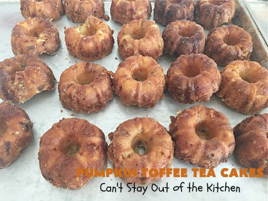 Pumpkin Toffee Tea Cakes | Can't Stay Out of the Kitchen | these spectacular #TeaCakes will wow all your family & friends. They're flavored with #pumpkin & spices & include #HeathEnglishToffeeBits. Then they're iced with #CinnamonToastCrunch icing! Amazing #holiday or #Christmas #dessert #cake #HolidayDessert #PumpkinDessert #PumpkinToffeeTeaCakes