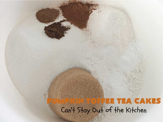Pumpkin Toffee Tea Cakes | Can't Stay Out of the Kitchen | these spectacular #TeaCakes will wow all your family & friends. They're flavored with #pumpkin & spices & include #HeathEnglishToffeeBits. Then they're iced with #CinnamonToastCrunch icing! Amazing #holiday or #Christmas #dessert #cake #HolidayDessert #PumpkinDessert #PumpkinToffeeTeaCakes