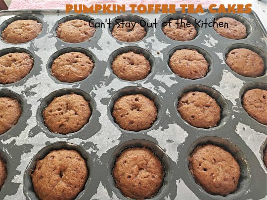 Pumpkin Toffee Tea Cakes | Can't Stay Out of the Kitchen | these spectacular #TeaCakes will wow all your family & friends. They're flavored with #pumpkin & spices & include #HeathEnglishToffeeBits. Then they're iced with #CinnamonToastCrunch icing! Amazing #holiday or #Christmas #dessert #cake #HolidayDessert #PumpkinDessert #PumpkinToffeeTeaCakes