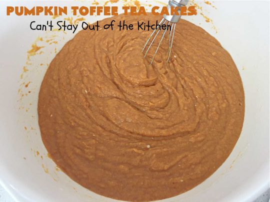 Pumpkin Toffee Tea Cakes | Can't Stay Out of the Kitchen | these spectacular #TeaCakes will wow all your family & friends. They're flavored with #pumpkin & spices & include #HeathEnglishToffeeBits. Then they're iced with #CinnamonToastCrunch icing! Amazing #holiday or #Christmas #dessert #cake #HolidayDessert #PumpkinDessert #PumpkinToffeeTeaCakes