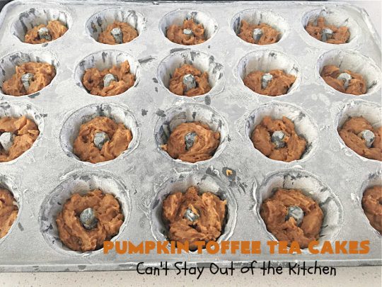 Pumpkin Toffee Tea Cakes | Can't Stay Out of the Kitchen | these spectacular #TeaCakes will wow all your family & friends. They're flavored with #pumpkin & spices & include #HeathEnglishToffeeBits. Then they're iced with #CinnamonToastCrunch icing! Amazing #holiday or #Christmas #dessert #cake #HolidayDessert #PumpkinDessert #PumpkinToffeeTeaCakes