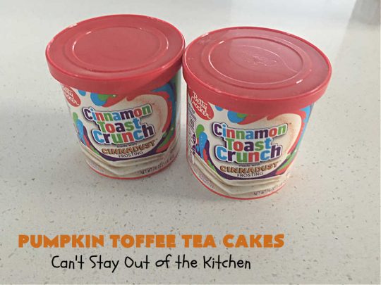 Pumpkin Toffee Tea Cakes | Can't Stay Out of the Kitchen | these spectacular #TeaCakes will wow all your family & friends. They're flavored with #pumpkin & spices & include #HeathEnglishToffeeBits. Then they're iced with #CinnamonToastCrunch icing! Amazing #holiday or #Christmas #dessert #cake #HolidayDessert #PumpkinDessert #PumpkinToffeeTeaCakes