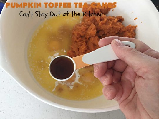 Pumpkin Toffee Tea Cakes | Can't Stay Out of the Kitchen | these spectacular #TeaCakes will wow all your family & friends. They're flavored with #pumpkin & spices & include #HeathEnglishToffeeBits. Then they're iced with #CinnamonToastCrunch icing! Amazing #holiday or #Christmas #dessert #cake #HolidayDessert #PumpkinDessert #PumpkinToffeeTeaCakes