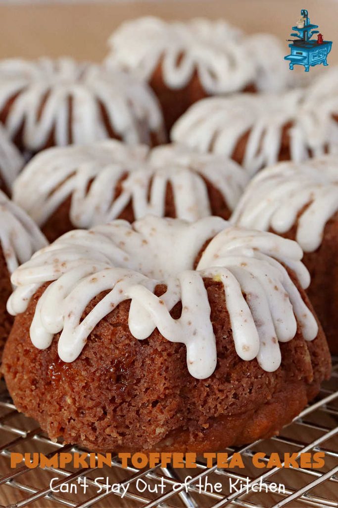 Pumpkin Toffee Tea Cakes | Can't Stay Out of the Kitchen | these spectacular #TeaCakes will wow all your family & friends. They're flavored with #pumpkin & spices & include #HeathEnglishToffeeBits. Then they're iced with #CinnamonToastCrunch icing! Amazing #holiday or #Christmas #dessert #cake #HolidayDessert #PumpkinDessert #PumpkinToffeeTeaCakes