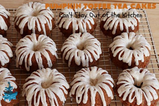 Pumpkin Toffee Tea Cakes | Can't Stay Out of the Kitchen | these spectacular #TeaCakes will wow all your family & friends. They're flavored with #pumpkin & spices & include #HeathEnglishToffeeBits. Then they're iced with #CinnamonToastCrunch icing! Amazing #holiday or #Christmas #dessert #cake #HolidayDessert #PumpkinDessert #PumpkinToffeeTeaCakes