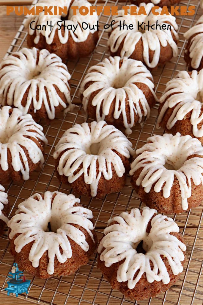 Pumpkin Toffee Tea Cakes | Can't Stay Out of the Kitchen | these spectacular #TeaCakes will wow all your family & friends. They're flavored with #pumpkin & spices & include #HeathEnglishToffeeBits. Then they're iced with #CinnamonToastCrunch icing! Amazing #holiday or #Christmas #dessert #cake #HolidayDessert #PumpkinDessert #PumpkinToffeeTeaCakes