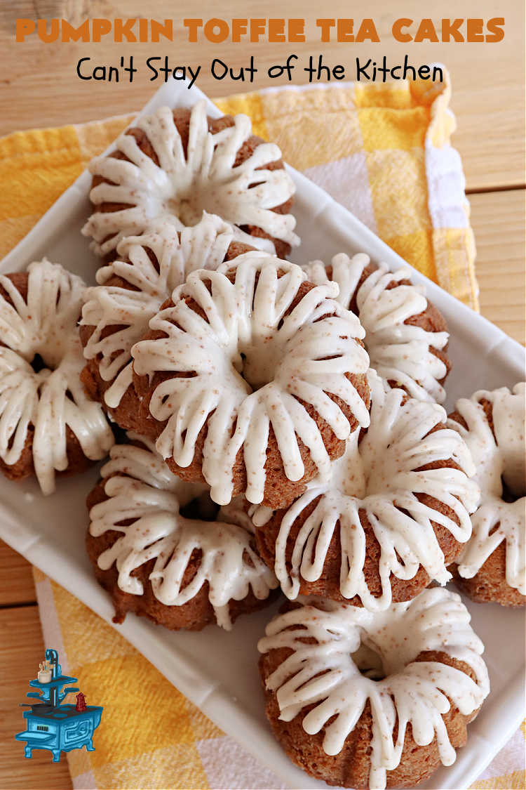 Pumpkin Toffee Tea Cakes | Can't Stay Out of the Kitchen | these spectacular #TeaCakes will wow all your family & friends. They're flavored with #pumpkin & spices & include #HeathEnglishToffeeBits. Then they're iced with #CinnamonToastCrunch icing! Amazing #holiday or #Christmas #dessert #cake #HolidayDessert #PumpkinDessert #PumpkinToffeeTeaCakes