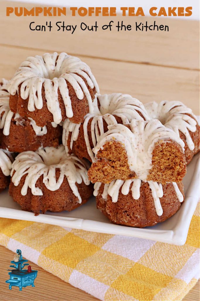Pumpkin Toffee Tea Cakes | Can't Stay Out of the Kitchen | these spectacular #TeaCakes will wow all your family & friends. They're flavored with #pumpkin & spices & include #HeathEnglishToffeeBits. Then they're iced with #CinnamonToastCrunch icing! Amazing #holiday or #Christmas #dessert #cake #HolidayDessert #PumpkinDessert #PumpkinToffeeTeaCakes