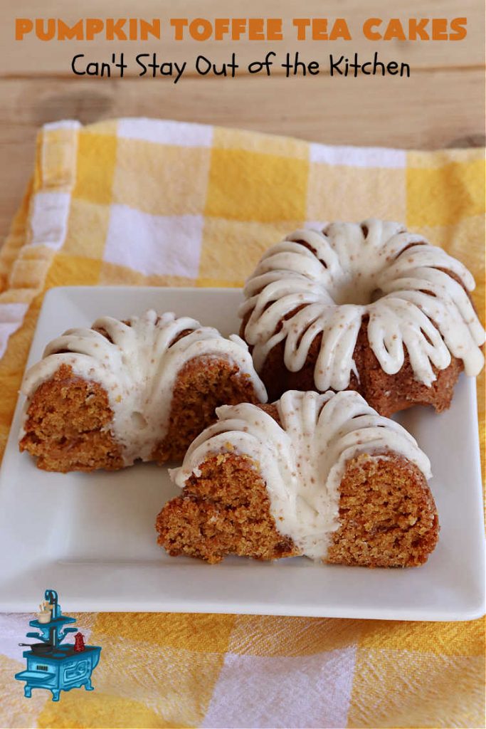 Pumpkin Toffee Tea Cakes | Can't Stay Out of the Kitchen | these spectacular #TeaCakes will wow all your family & friends. They're flavored with #pumpkin & spices & include #HeathEnglishToffeeBits. Then they're iced with #CinnamonToastCrunch icing! Amazing #holiday or #Christmas #dessert #cake #HolidayDessert #PumpkinDessert #PumpkinToffeeTeaCakes