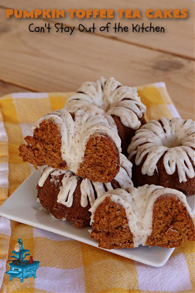 Pumpkin Toffee Tea Cakes | Can't Stay Out of the Kitchen | these spectacular #TeaCakes will wow all your family & friends. They're flavored with #pumpkin & spices & include #HeathEnglishToffeeBits. Then they're iced with #CinnamonToastCrunch icing! Amazing #holiday or #Christmas #dessert #cake #HolidayDessert #PumpkinDessert #PumpkinToffeeTeaCakes