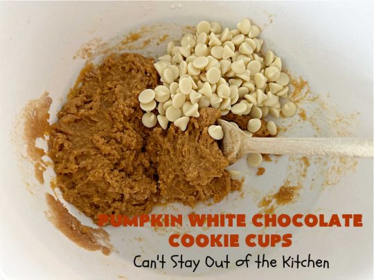 Pumpkin White Chocolate Cookie Cups | Can't Stay Out of the Kitchen | these delicious #CookieCups use only 5 ingredients including a #pumpkin #CookieMix. Real #WhiteChocolateChips add great flavor & texture. This easy #recipe is terrific for #FallBaking or #Christmas #holiday fun. Made in #MiniatureMuffinTins, these #cookies are a #dessert your family won't soon forget. Irresistible! #Chocolate #PumpkinWhiteChocolateCookieCups