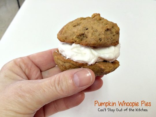 Pumpkin Whoopie Pies | Can't Stay Out of the Kitchen| these are the BEST #pumpkin #whoopiepies you've ever eaten. Rich, decadent and so scrumptious you won't be able to stop at just one! #cookie #dessert