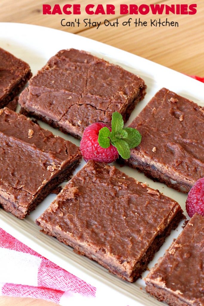 Race Car Brownies | Can't Stay out of the Kitchen | these rich, decadent #brownies are perfect for #NASCAR races, potlucks, soccer games, #tailgating or backyard barbecues. They have a rich, fudgy icing on top & they're made with #Hersheys #chocolate syrup. So delicious. #ChocolateDessert #NASCARDessert #dessert #Easter #EasterDessert