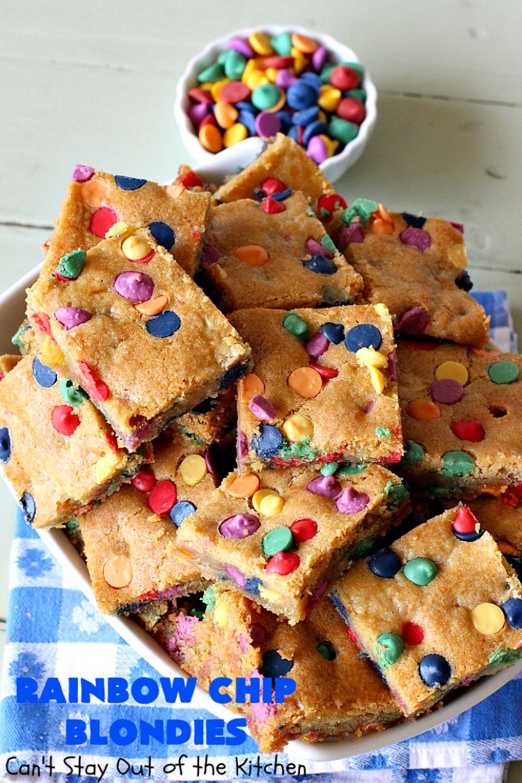 Rainbow Chip Blondies | Can't Stay Out of the Kitchen | these outrageous #brownies will knock your socks off. They're made with #RainbowChips so they're packed with color and flavor. Terrific for #tailgating parties, potlucks & backyard BBQs. #ChristmasCookieExchange #dessert #cookie #holiday #HolidayDessert #BirthdayDessert #RainbowChipBlondies