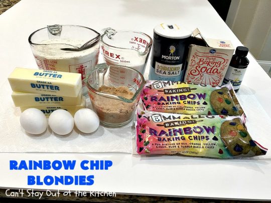 Rainbow Chip Blondies | Can't Stay Out of the Kitchen | these outrageous #brownies will knock your socks off. They're made with #RainbowChips so they're packed with color and flavor. Terrific for #tailgating parties, potlucks & backyard BBQs. #ChristmasCookieExchange #dessert #cookie #holiday #HolidayDessert #BirthdayDessert #RainbowChipBlondies