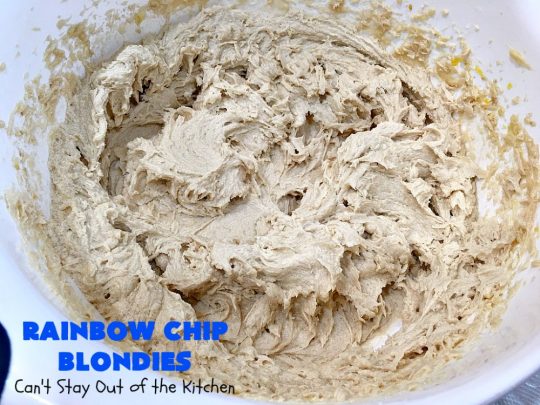 Rainbow Chip Blondies | Can't Stay Out of the Kitchen | these outrageous #brownies will knock your socks off. They're made with #RainbowChips so they're packed with color and flavor. Terrific for #tailgating parties, potlucks & backyard BBQs. #ChristmasCookieExchange #dessert #cookie #holiday #HolidayDessert #BirthdayDessert #RainbowChipBlondies