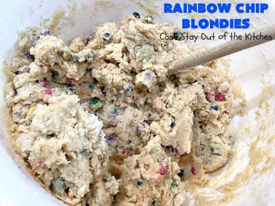 Rainbow Chip Blondies | Can't Stay Out of the Kitchen | these outrageous #brownies will knock your socks off. They're made with #RainbowChips so they're packed with color and flavor. Terrific for #tailgating parties, potlucks & backyard BBQs. #ChristmasCookieExchange #dessert #cookie #holiday #HolidayDessert #BirthdayDessert #RainbowChipBlondies