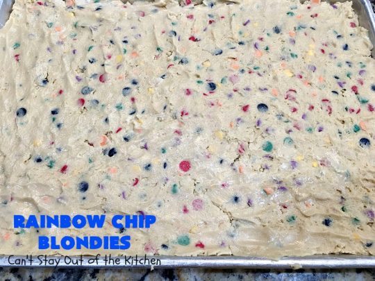 Rainbow Chip Blondies | Can't Stay Out of the Kitchen | these outrageous #brownies will knock your socks off. They're made with #RainbowChips so they're packed with color and flavor. Terrific for #tailgating parties, potlucks & backyard BBQs. #ChristmasCookieExchange #dessert #cookie #holiday #HolidayDessert #BirthdayDessert #RainbowChipBlondies
