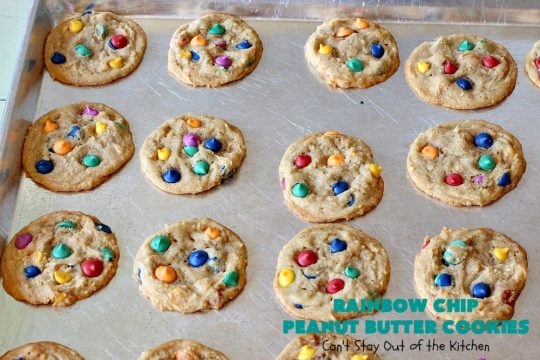 Rainbow Chip Peanut Butter Cookies | Can't Stay Out of the Kitchen | these fantastic #PeanutButterCookies include the addition of #RainbowChips for an amped up flavor to die for! #cookie #PeanutButter #ChristmasCookieExchange #dessert #Holiday #HolidayDessert #PeanutButterDessert #RainbowChipPeanutButterCookies