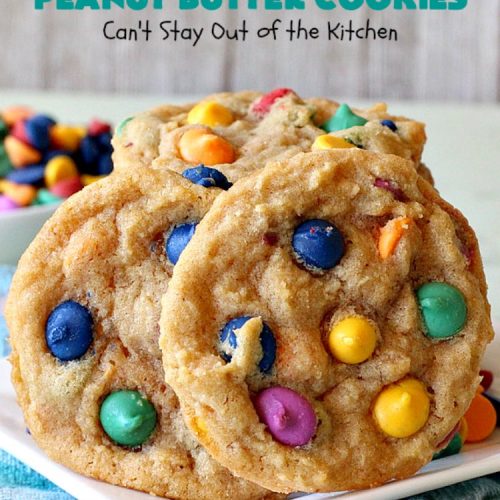 Rainbow Chip Peanut Butter Cookies | Can't Stay Out of the Kitchen | these fantastic #PeanutButterCookies include the addition of #RainbowChips for an amped up flavor to die for! #cookie #PeanutButter #ChristmasCookieExchange #dessert #Holiday #HolidayDessert #PeanutButterDessert #RainbowChipPeanutButterCookies