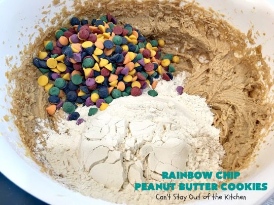 Rainbow Chip Peanut Butter Cookies | Can't Stay Out of the Kitchen | these fantastic #PeanutButterCookies include the addition of #RainbowChips for an amped up flavor to die for! #cookie #PeanutButter #ChristmasCookieExchange #dessert #Holiday #HolidayDessert #PeanutButterDessert #RainbowChipPeanutButterCookies