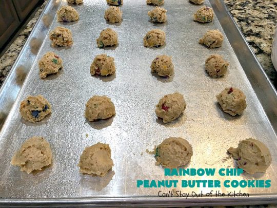 Rainbow Chip Peanut Butter Cookies | Can't Stay Out of the Kitchen | these fantastic #PeanutButterCookies include the addition of #RainbowChips for an amped up flavor to die for! #cookie #PeanutButter #ChristmasCookieExchange #dessert #Holiday #HolidayDessert #PeanutButterDessert #RainbowChipPeanutButterCookies