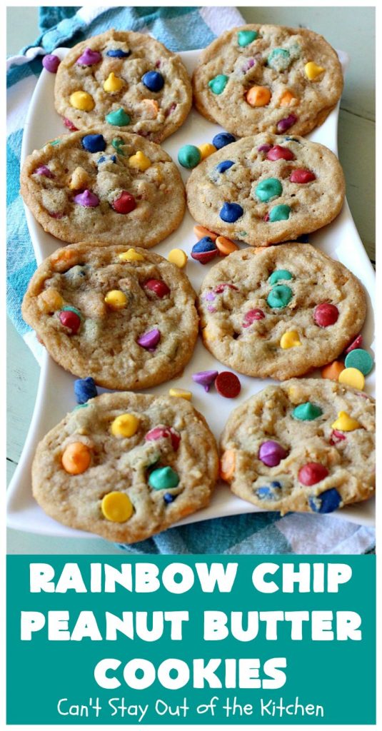 Rainbow Chip Peanut Butter Cookies | Can't Stay Out of the Kitchen | these fantastic #PeanutButterCookies include the addition of #RainbowChips for an amped up flavor to die for! #cookie #PeanutButter #ChristmasCookieExchange #dessert #Holiday #HolidayDessert #PeanutButterDessert #RainbowChipPeanutButterCookies