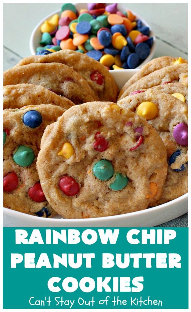 Rainbow Chip Peanut Butter Cookies | Can't Stay Out of the Kitchen | these fantastic #PeanutButterCookies include the addition of #RainbowChips for an amped up flavor to die for! #cookie #PeanutButter #ChristmasCookieExchange #dessert #Holiday #HolidayDessert #PeanutButterDessert #RainbowChipPeanutButterCookies