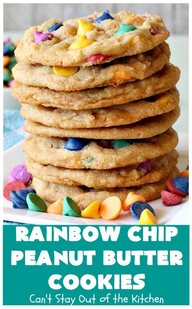 Rainbow Chip Peanut Butter Cookies | Can't Stay Out of the Kitchen | these fantastic #PeanutButterCookies include the addition of #RainbowChips for an amped up flavor to die for! #cookie #PeanutButter #ChristmasCookieExchange #dessert #Holiday #HolidayDessert #PeanutButterDessert #RainbowChipPeanutButterCookies