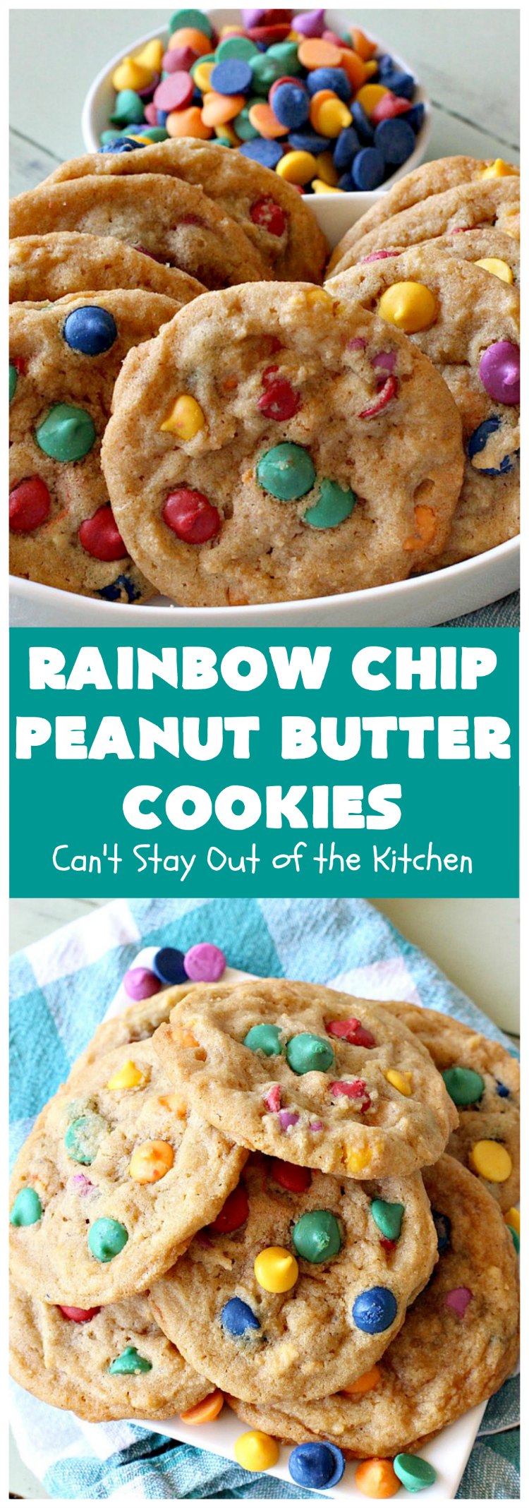 Rainbow Chip Peanut Butter Cookies | Can't Stay Out of the Kitchen | these fantastic #PeanutButterCookies include the addition of #RainbowChips for an amped up flavor to die for! #cookie #PeanutButter #ChristmasCookieExchange #dessert #Holiday #HolidayDessert #PeanutButterDessert #RainbowChipPeanutButterCookies