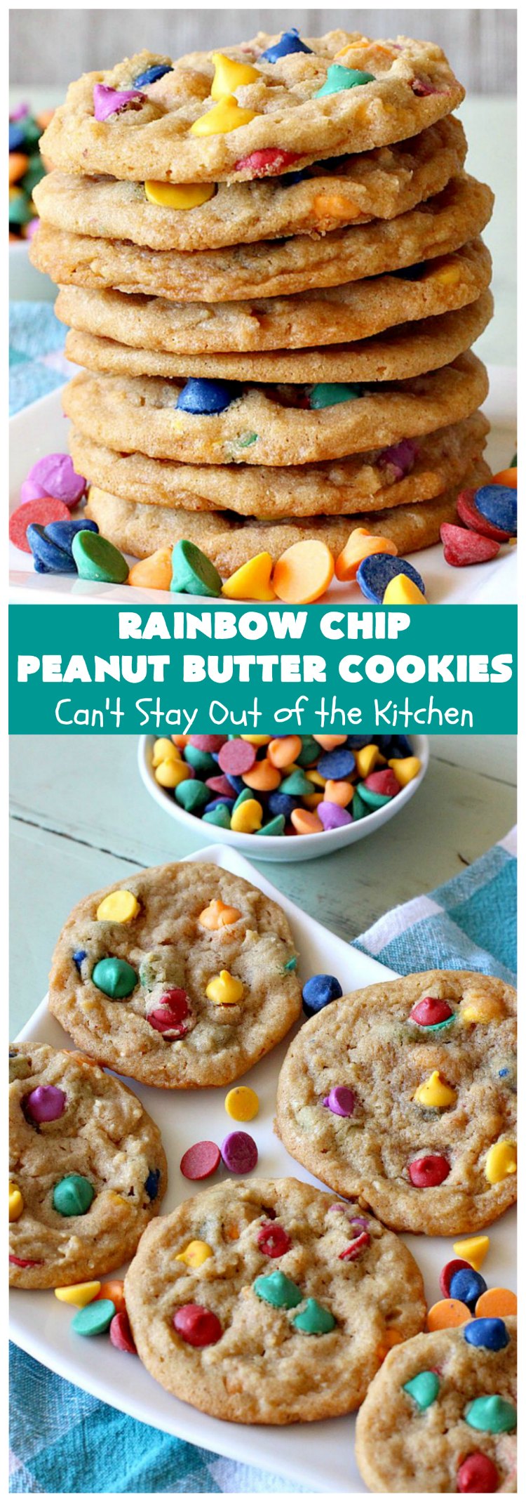 Rainbow Chip Peanut Butter Cookies | Can't Stay Out of the Kitchen | these fantastic #PeanutButterCookies include the addition of #RainbowChips for an amped up flavor to die for! #cookie #PeanutButter #ChristmasCookieExchange #dessert #Holiday #HolidayDessert #PeanutButterDessert #RainbowChipPeanutButterCookies