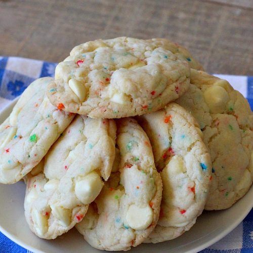 Rainbow Chip White Chocolate Cookies | Can't Stay Out of the Kitchen | these luscious 4-ingredient #cookies start with a #RainbowChipCakeMix so they're incredibly easy. #WhiteChocolateChips bump up the flavor and texture. They're perfect for birthday parties or any kind of kid-friendly function. You and your kids will enjoy every bite! #dessert #chocolate #Funfetti #RainbowChips #RainbowSprinkles #RainbowSprinkleDessert #ChocolateDessert #tailgating #holiday #BirthdayParties #HolidayBaking
