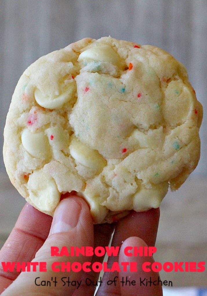 Rainbow Chip White Chocolate Cookies | Can't Stay Out of the Kitchen | these luscious 4-ingredient #cookies start with a #RainbowChipCakeMix so they're incredibly easy. #WhiteChocolateChips bump up the flavor and texture. They're perfect for birthday parties or any kind of kid-friendly function. You and your kids will enjoy every bite! #dessert #chocolate #Funfetti #RainbowChips #RainbowSprinkles #RainbowSprinkleDessert #ChocolateDessert #tailgating #holiday #BirthdayParties #HolidayBaking
