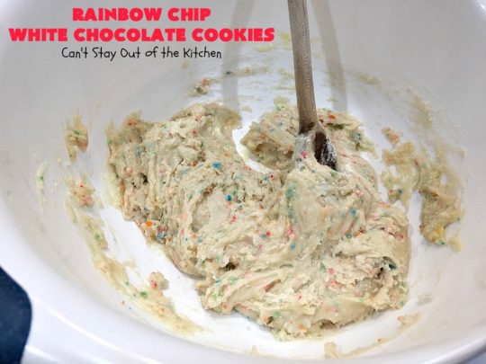 Rainbow Chip White Chocolate Cookies | Can't Stay Out of the Kitchen | these luscious 4-ingredient #cookies start with a #RainbowChipCakeMix so they're incredibly easy. #WhiteChocolateChips bump up the flavor and texture. They're perfect for birthday parties or any kind of kid-friendly function. You and your kids will enjoy every bite! #dessert #chocolate #Funfetti #RainbowChips #RainbowSprinkles #RainbowSprinkleDessert #ChocolateDessert #tailgating #holiday #BirthdayParties #HolidayBaking