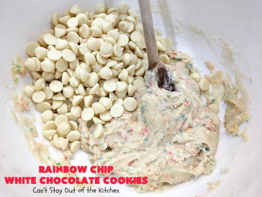 Rainbow Chip White Chocolate Cookies | Can't Stay Out of the Kitchen | these luscious 4-ingredient #cookies start with a #RainbowChipCakeMix so they're incredibly easy. #WhiteChocolateChips bump up the flavor and texture. They're perfect for birthday parties or any kind of kid-friendly function. You and your kids will enjoy every bite! #dessert #chocolate #Funfetti #RainbowChips #RainbowSprinkles #RainbowSprinkleDessert #ChocolateDessert #tailgating #holiday #BirthdayParties #HolidayBaking
