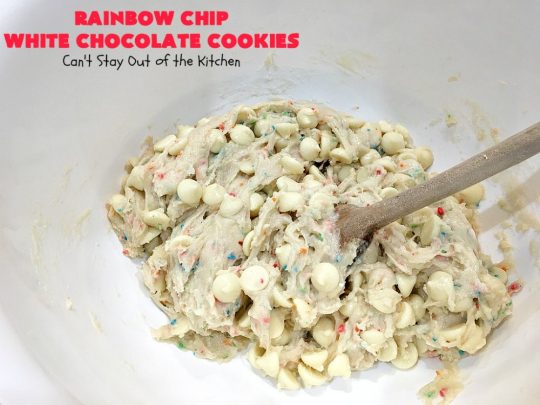 Rainbow Chip White Chocolate Cookies | Can't Stay Out of the Kitchen | these luscious 4-ingredient #cookies start with a #RainbowChipCakeMix so they're incredibly easy. #WhiteChocolateChips bump up the flavor and texture. They're perfect for birthday parties or any kind of kid-friendly function. You and your kids will enjoy every bite! #dessert #chocolate #Funfetti #RainbowChips #RainbowSprinkles #RainbowSprinkleDessert #ChocolateDessert #tailgating #holiday #BirthdayParties #HolidayBaking