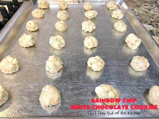Rainbow Chip White Chocolate Cookies | Can't Stay Out of the Kitchen | these luscious 4-ingredient #cookies start with a #RainbowChipCakeMix so they're incredibly easy. #WhiteChocolateChips bump up the flavor and texture. They're perfect for birthday parties or any kind of kid-friendly function. You and your kids will enjoy every bite! #dessert #chocolate #Funfetti #RainbowChips #RainbowSprinkles #RainbowSprinkleDessert #ChocolateDessert #tailgating #holiday #BirthdayParties #HolidayBaking
