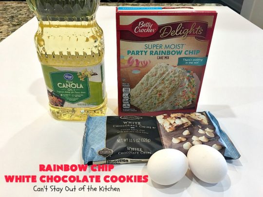 Rainbow Chip White Chocolate Cookies | Can't Stay Out of the Kitchen | these luscious 4-ingredient #cookies start with a #RainbowChipCakeMix so they're incredibly easy. #WhiteChocolateChips bump up the flavor and texture. They're perfect for birthday parties or any kind of kid-friendly function. You and your kids will enjoy every bite! #dessert #chocolate #Funfetti #RainbowChips #RainbowSprinkles #RainbowSprinkleDessert #ChocolateDessert #tailgating #holiday #BirthdayParties #HolidayBaking