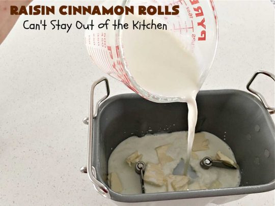 Raisin Cinnamon Rolls | Can't Stay Out of the Kitchen | this vintage #recipe is made easier by mixing and raising the dough in the #breadmaker! Our favorite version of #CinnamonRolls have a luscious #ButtercreamFrosting over top. These #SweetRolls are perfect for a company, #holiday or weekend #breakfast. Everyone will want seconds. Great the next day, too. #raisins #cinnamon #HolidayBreakfast #MothersDay #Easter #RaisinCinnamonRolls